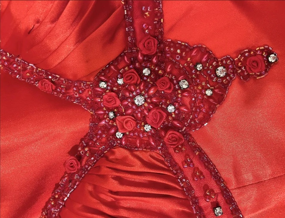 Red Vintage Floral Long Satin Prom Dress Birthday Party Dress Evening Dress gh4413