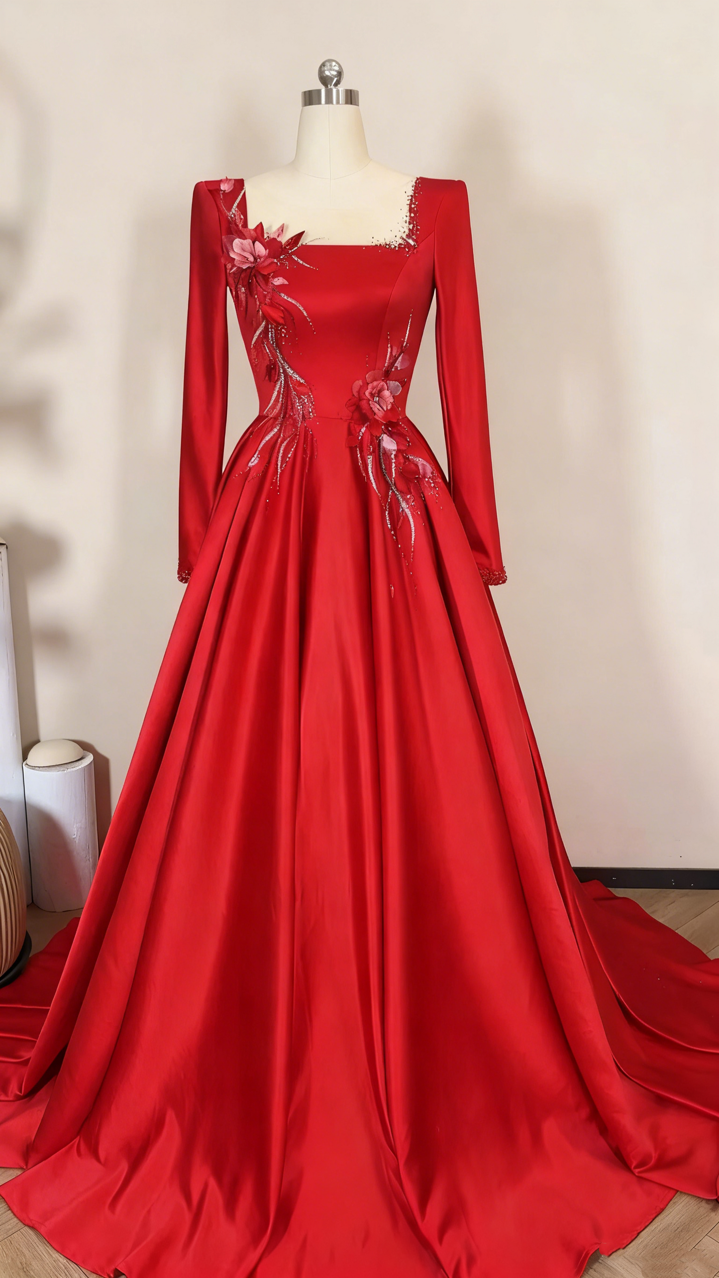 Crimson Satin Square-Neck Long-Sleeve 3D Flower Train Gown gh6387
