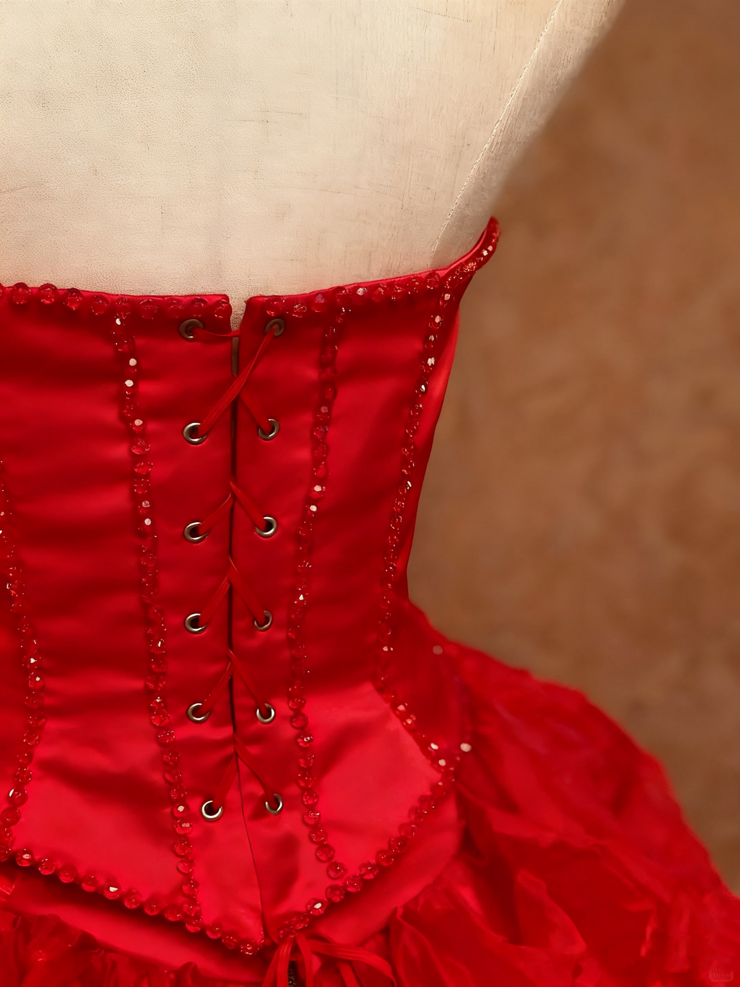 girlhomeshops-Crimson Satin Strapless Bow Rhinestone-Embellished Floor-Length Court-Style Gown gh6371