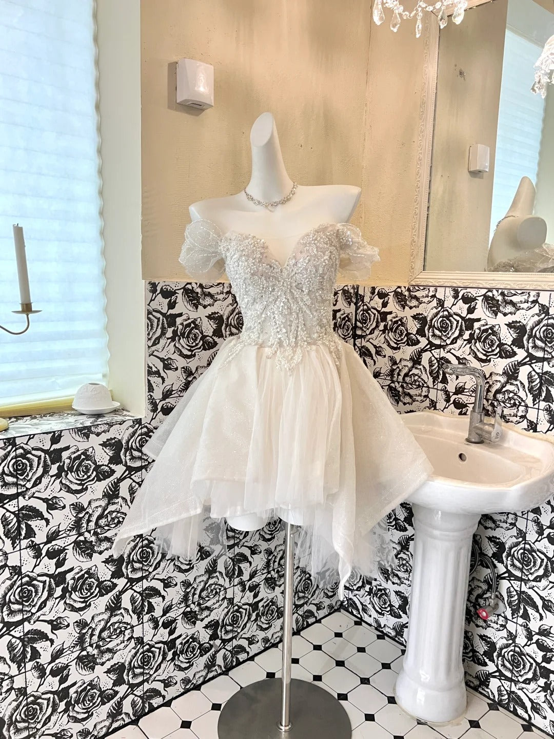 White Sparkly Beaded Short Tulle Cute Sweet Homecoming Dress Birthday Party Dress Wedding Dress gh4263