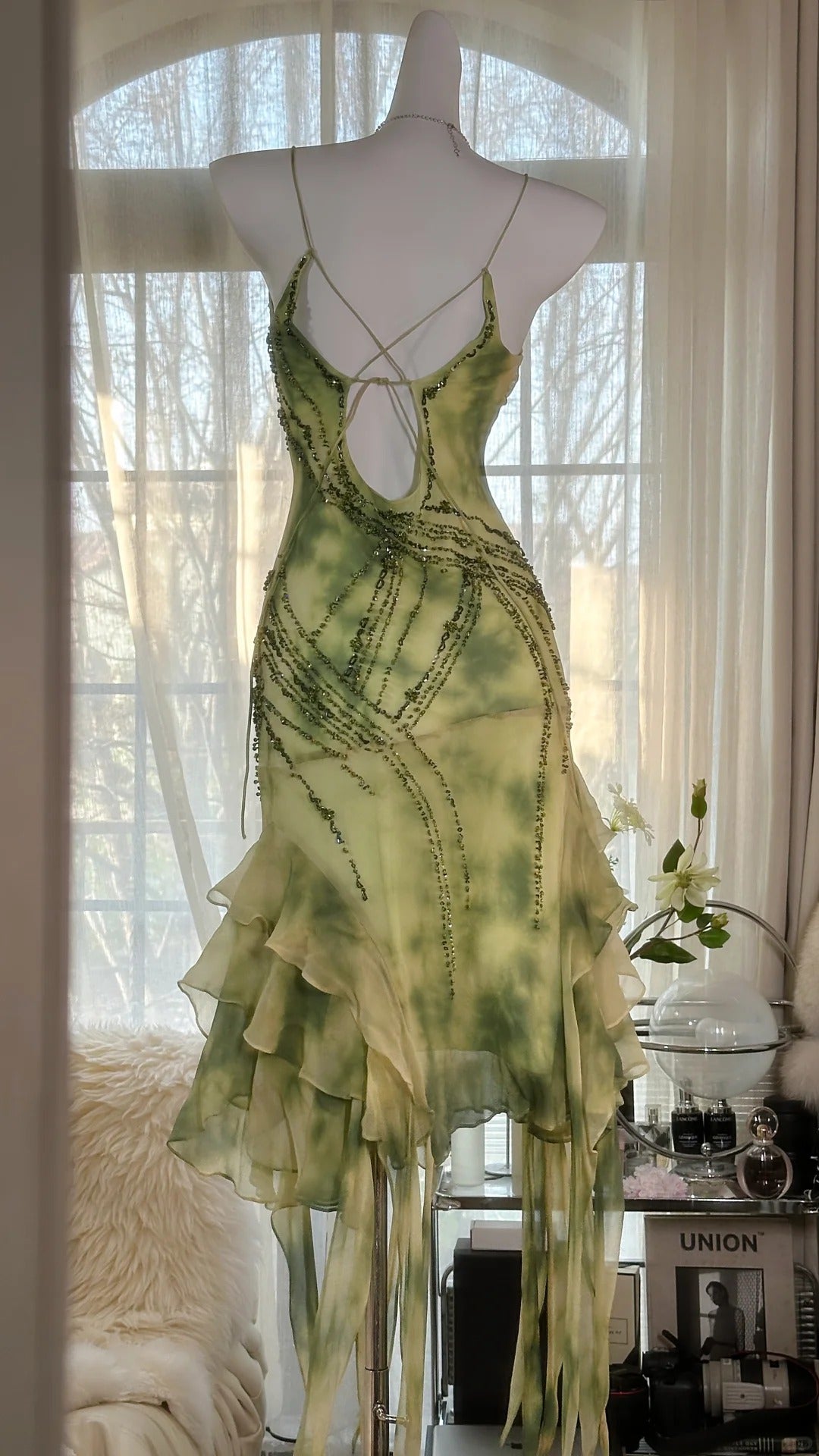 Green Romantic Elegant Exquisite Beaded Backless Long Chiffon Ruffle Homecoming Dress Prom Dress Evening Dress Birthday Vacation Party Dress gh4008