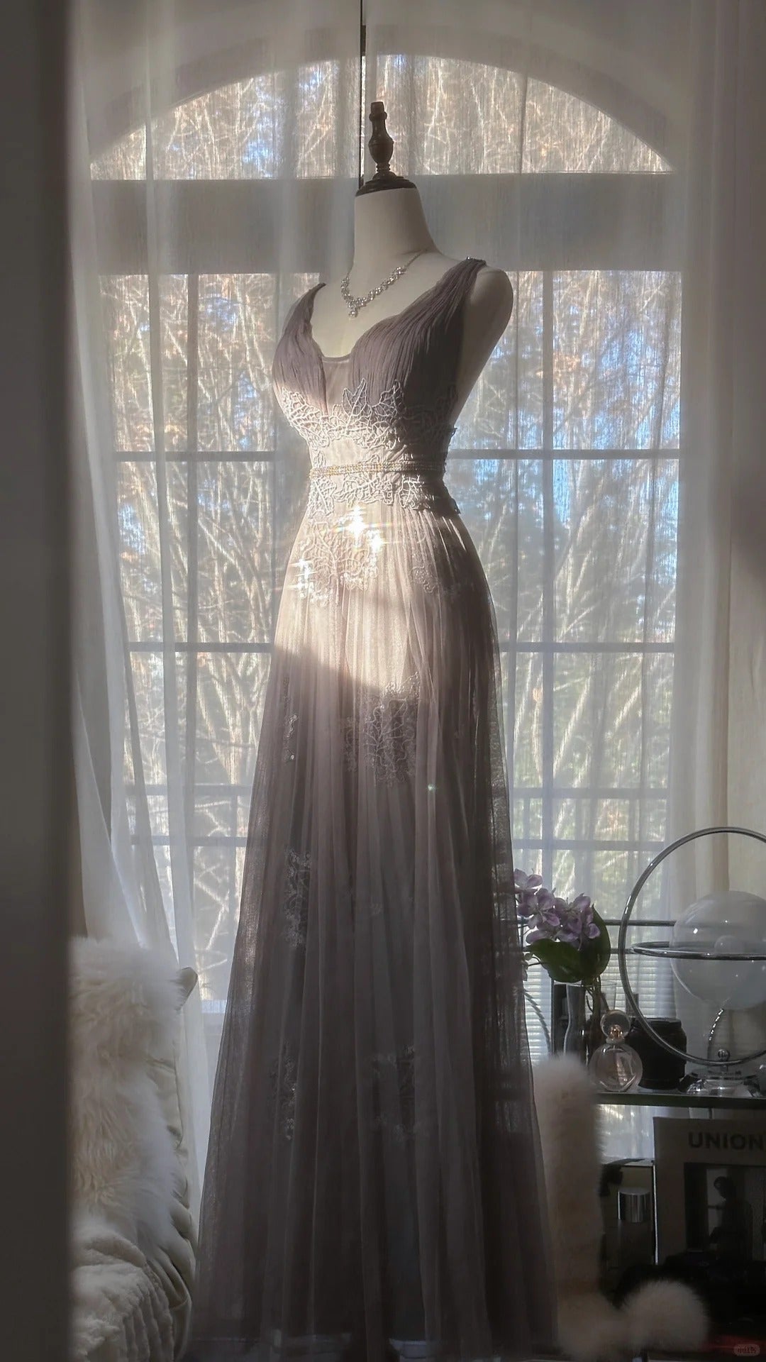 Gray Purple Romantic Fashion Elegant Exquisite Lace Floral Applique Long Tulle Fairy Ball Gown Evening Dress Birthday/Wedding Guest/Holiday Party Dress Prom Dress Valentine's Day Date Dress Bridesmaid Dress gh4031