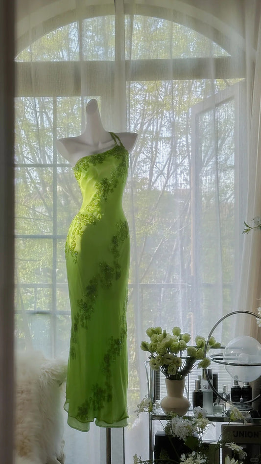 Green gorgeous fashion one shoulder elegant vintage exquisite beaded long chiffon ball gown evening dress birthday party dress prom dress gh3951