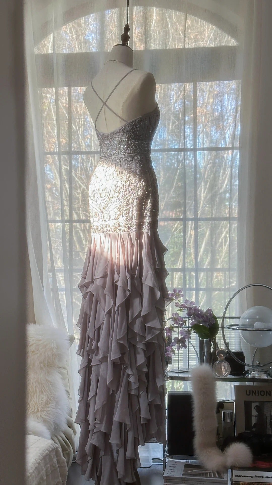 Robe de soirée longue en mousseline de soie, magnifique, élégante et romantique, en dentelle perlée, robe de bal, robe de fête d'anniversaire, gh4046