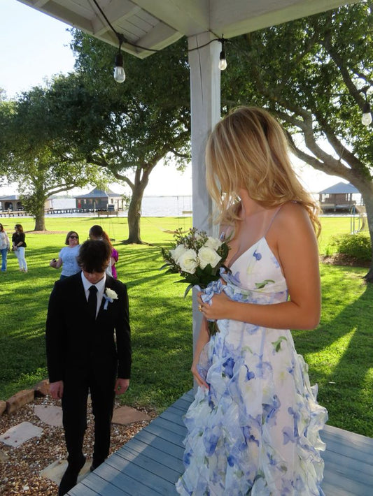 Blue Charming Floral A-Line Spaghetti Strap Long Ball Gown Party Dress Evening Gown gh3009