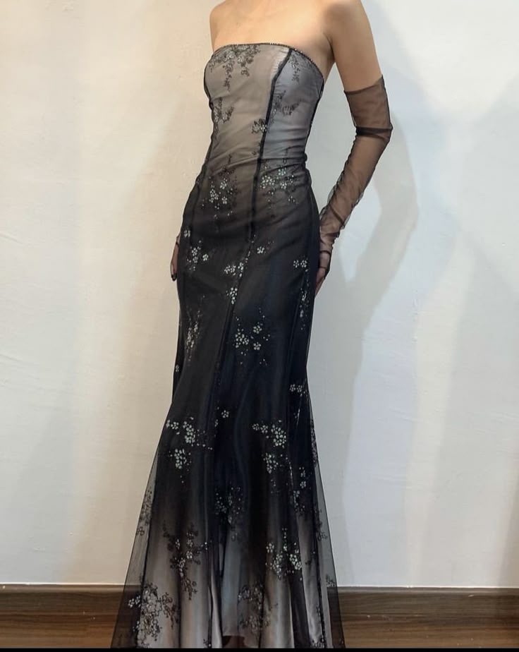 Robe de soirée longue en tulle, style rétro, dégradé de couleurs, noir, blanc et vert, motif floral exquis, gh3607