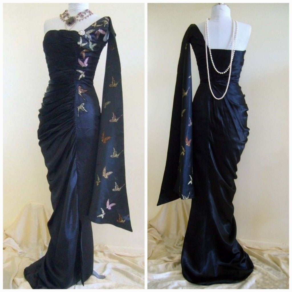 Girlhomeshops-Navy Blue Butterfly Long Satin Fashion One Shoulder Floor Length  Prom Dress Evening Dress Graduation Dress gh5197