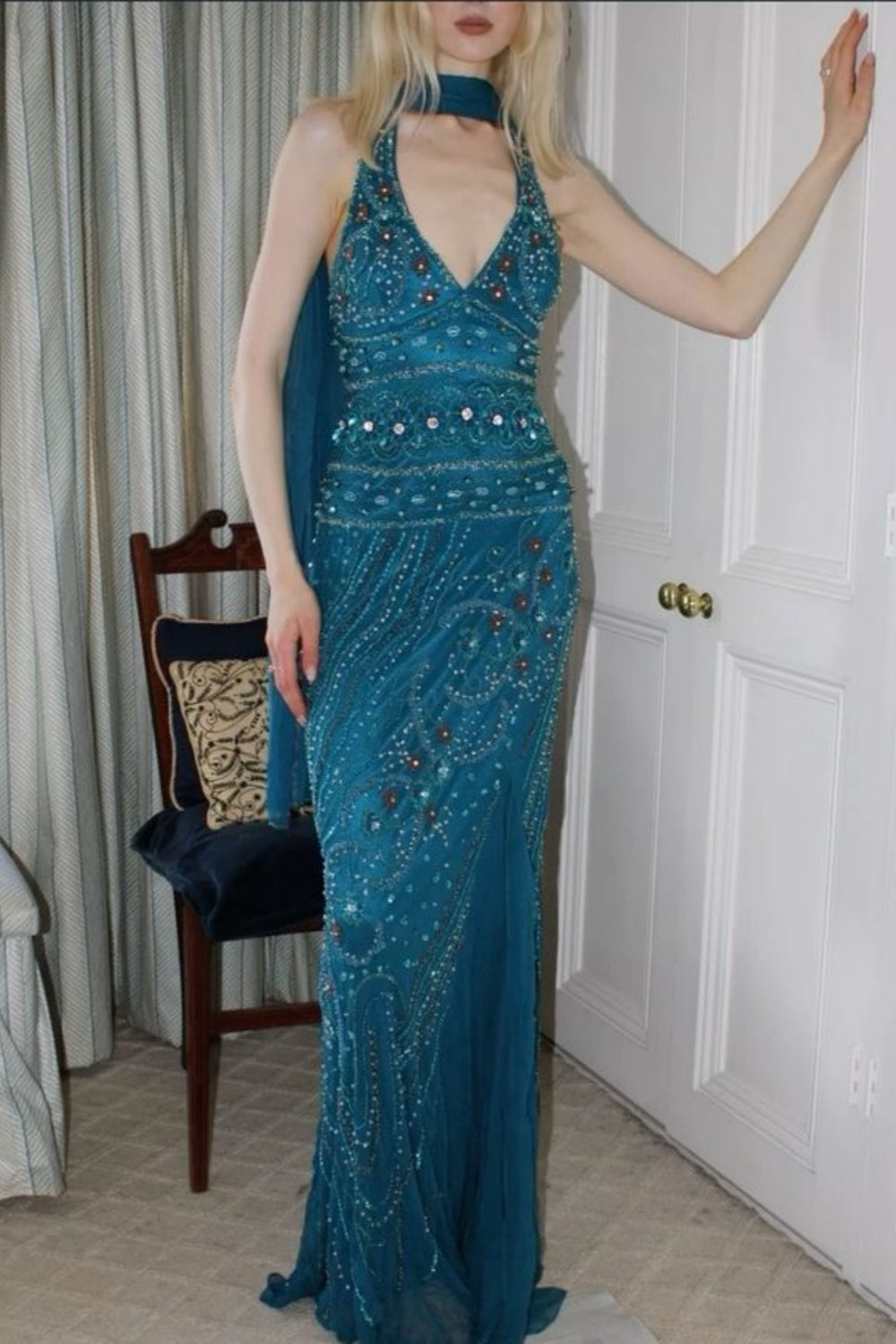 girlhomeshops-Blue delicate beaded chiffon long dress gh6153