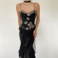Girlhomeshops-Black floral long chiffon satin two piece suit Prom dress evening dress party dress gh5149