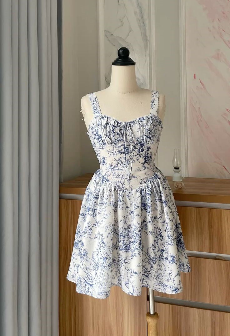 girlhomeshops-- Robe de soirée courte en mousseline de soie, élégante, à fleurs bleues, pour femmes et filles, robe de soirée de jardin, porcelaine bleue et blanche gh5718