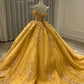 Luxury Palace-style Yellow Dress: Heart Neckline Waist, Full Gilt Decoration, High-end Party Dress gh6590