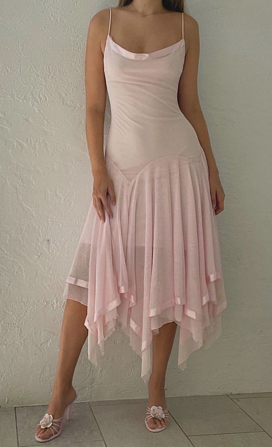 girlhomeshops – Rosa Spaghettiträger, langes Chiffon-Ballkleid mit Rüschen, gh5681