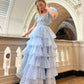 Blue Princess Cute Elegant A-line Short Sleeve Long Tulle Party Dress Evening Dress Ball Gown gh4197
