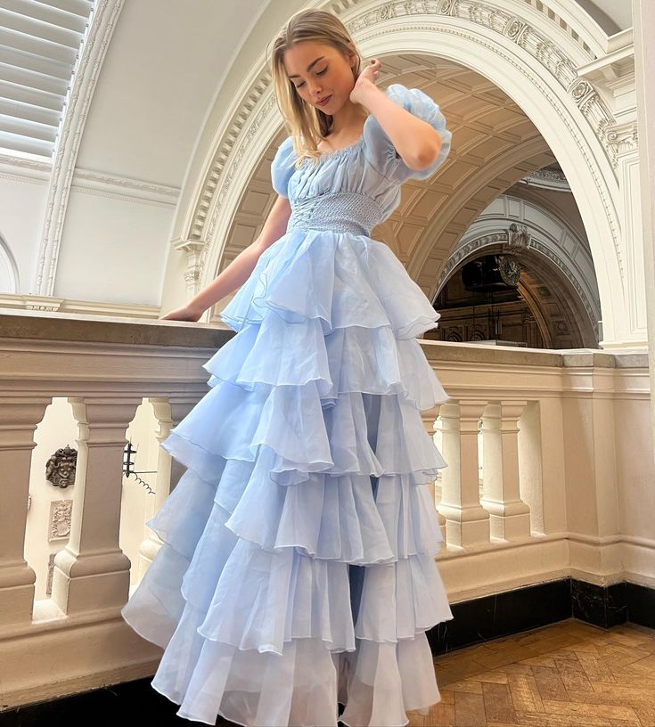 Blue Princess Cute Elegant A-line Short Sleeve Long Tulle Party Dress Evening Dress Ball Gown gh4197