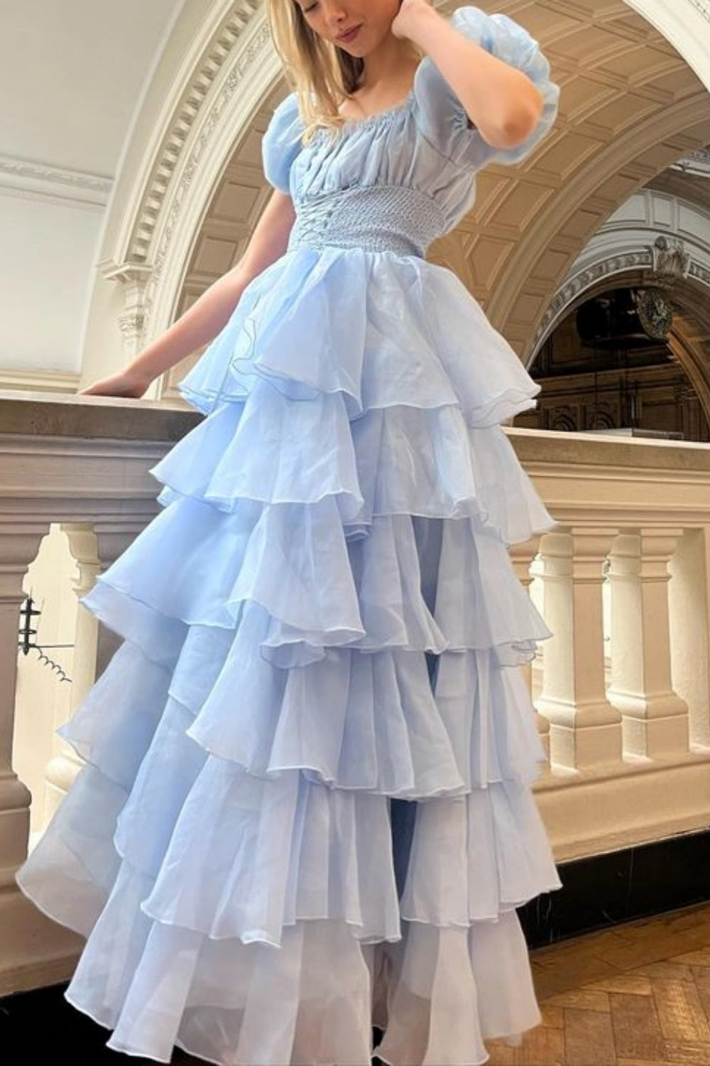 girlhomeshops-Rosa und blau süßes langes Chiffon-Ballkleid mit mehreren Lagen gh5784