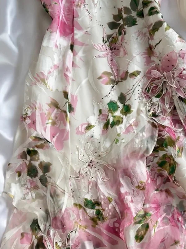 Rosa Wunderschönes leichtes zartes florales Spaghettiträger langes Chiffon Ballkleid Abendkleid Partykleid gh3337