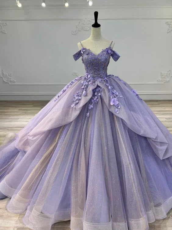 Light purple spaghetti strap applique beaded long tulle ball gown evening gown adult ceremony gown graduation ceremony gown gh3123