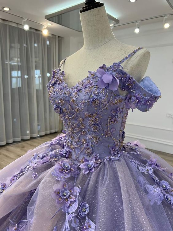 Light purple spaghetti strap applique beaded long tulle ball gown evening gown adult ceremony gown graduation ceremony gown gh3123