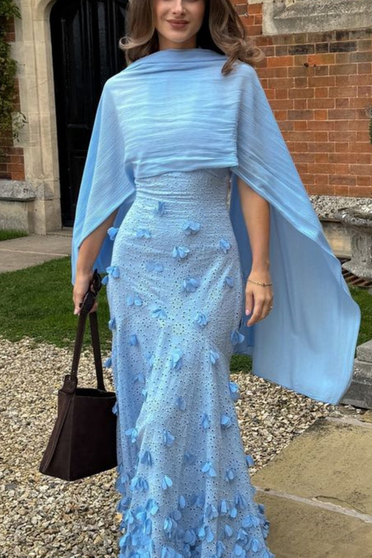 French Romantic Style 3D Flower Cutout Embroidery Floor-Length Shawl Waist-Cinched Gown - Elegant Dress for Garden Party & Wedding Guest Events gh6507