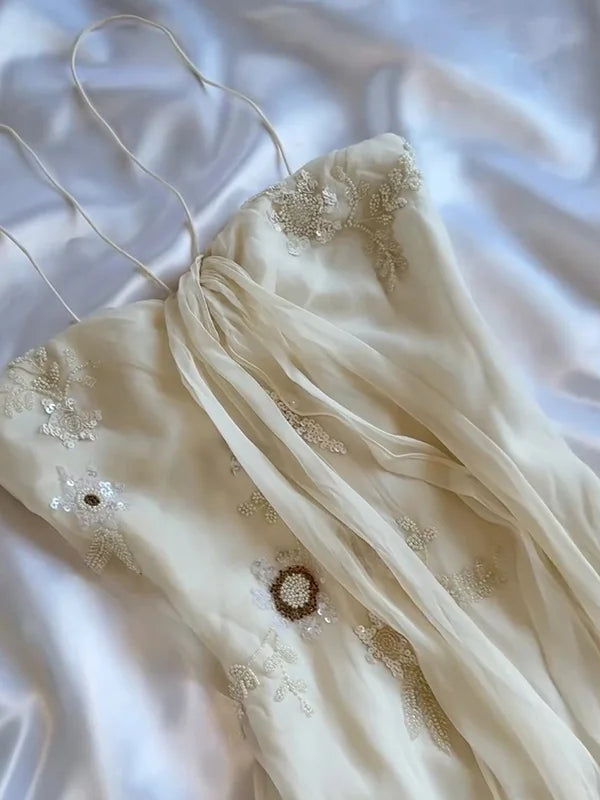 Robe de soirée longue en mousseline de soie, magnifique, légère et délicate, avec des bretelles spaghetti et des perles, gh3336