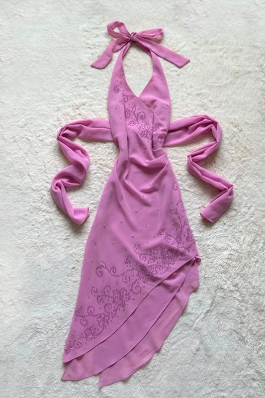 girlhomeshops-Evening Gown Pink Delicate Beaded Long Chiffon Evening Gown gh6099