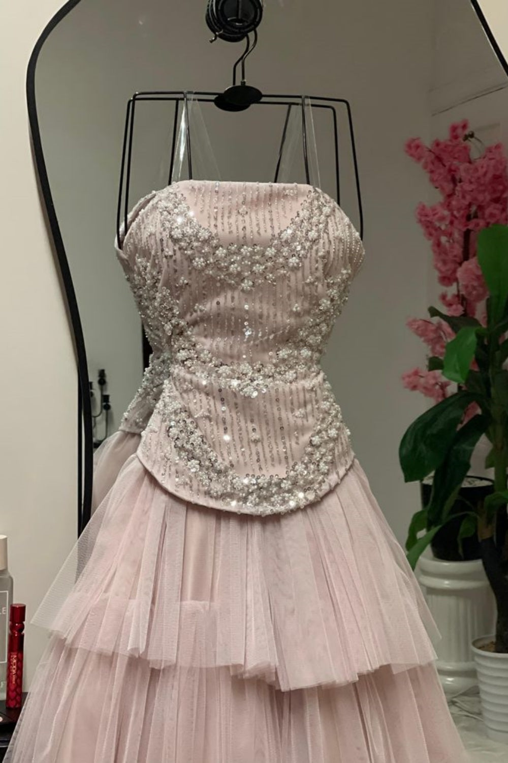 Pink, Delicately Beaded, Long Tulle Formal Evening Gown gh6718