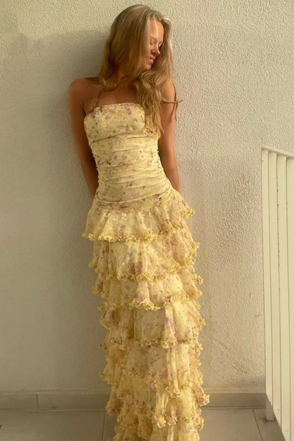 (Dress fabrics are out of stock, only other floral fabrics can be made)Girlhomeshops-Yellow floral long chiffon party dress wedding guest dress gh5202