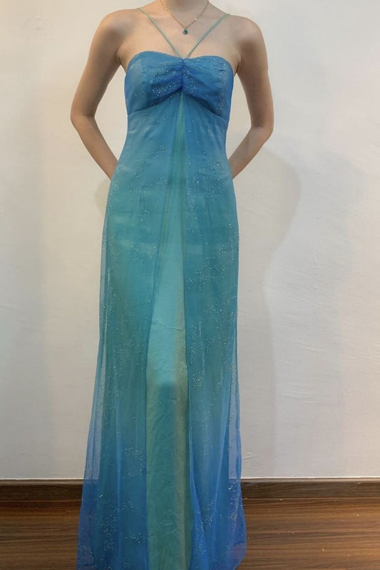 girlhomeshops-Vintage Blue-Green Gradient Spaghetti Strap Sequin Long Evening Gown gh6025