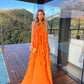 Orange suspender fashion elegant backless long chiffon ruffle ball gown evening dress wedding guest party dress gh3097