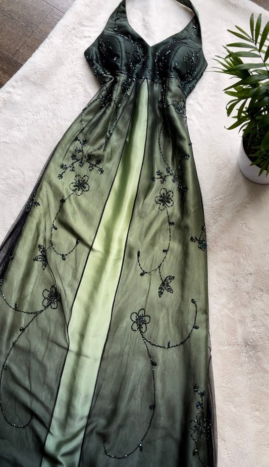 Robe de soirée longue en satin et tulle, tenue de bal élégante et vintage, verte, avec bretelles et perles, gh3836