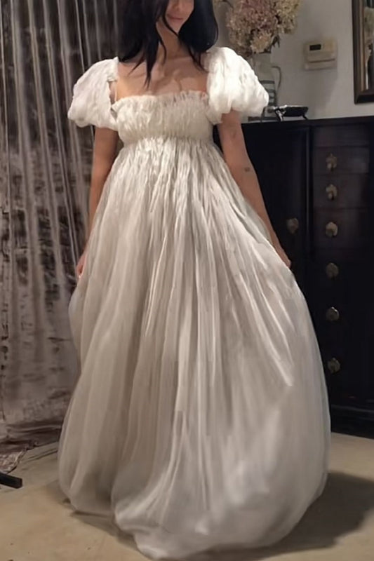 girlhomeshops-Kurzarmkleid, weiß, schlicht, lässig, Retro-Mode, langes Ballkleid, künstlerisches Umstandskleid mit Puffärmeln, gh5852