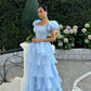 Blue Princess Cute Elegant A-line Short Sleeve Long Tulle Party Dress Evening Dress Ball Gown gh4197