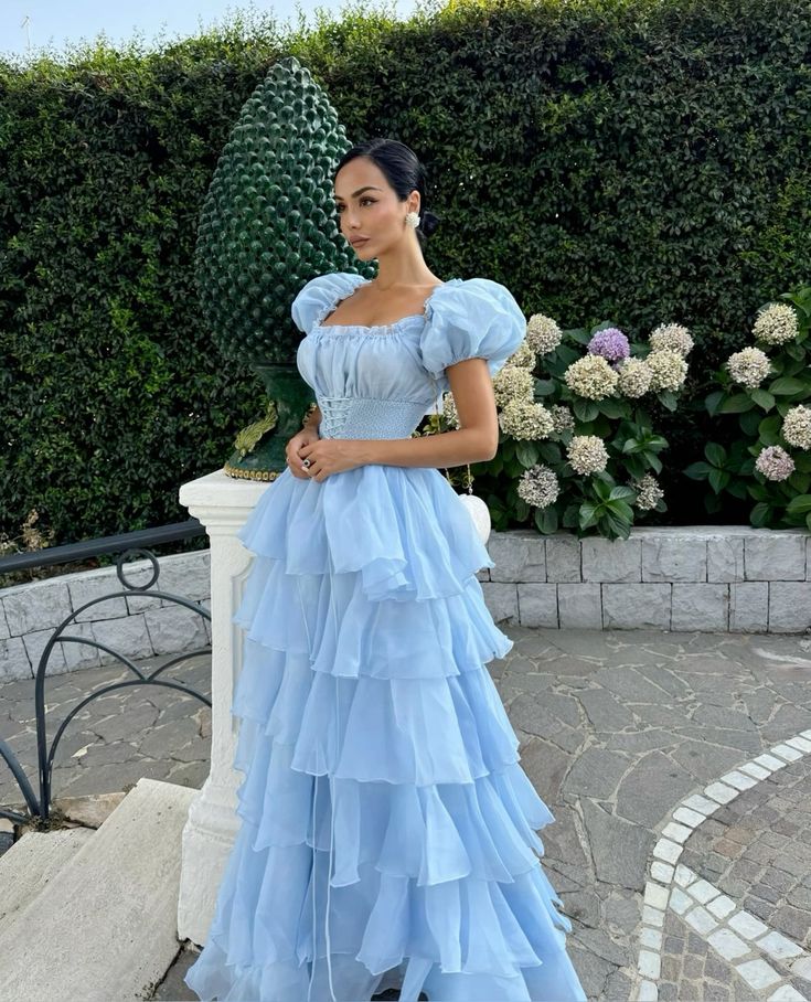 Blue Princess Cute Elegant A-line Short Sleeve Long Tulle Party Dress Evening Dress Ball Gown gh4197