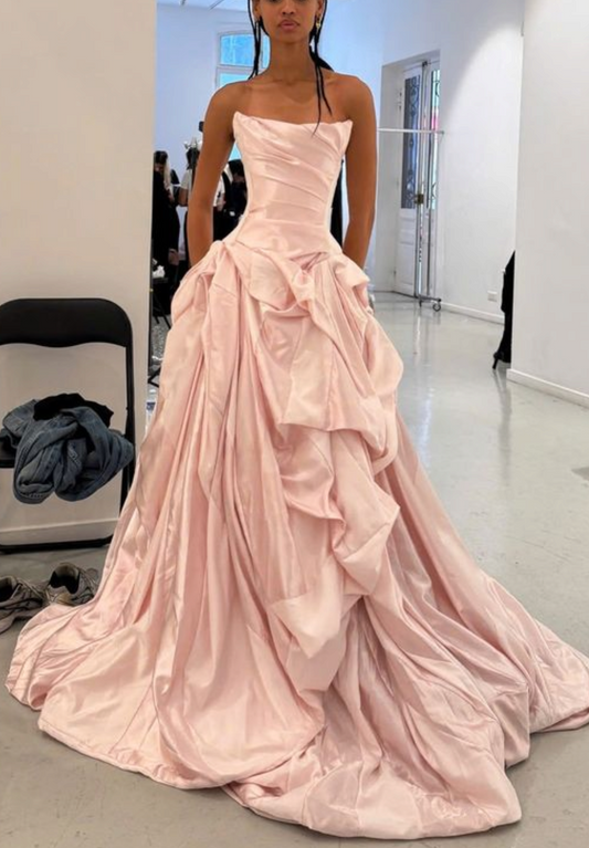 French Luxury Elegant Style Strapless Gown | Blush Satin Ruched Ballgown Train Maxi Dress for Gala Engagement High-End Social Event gh6436