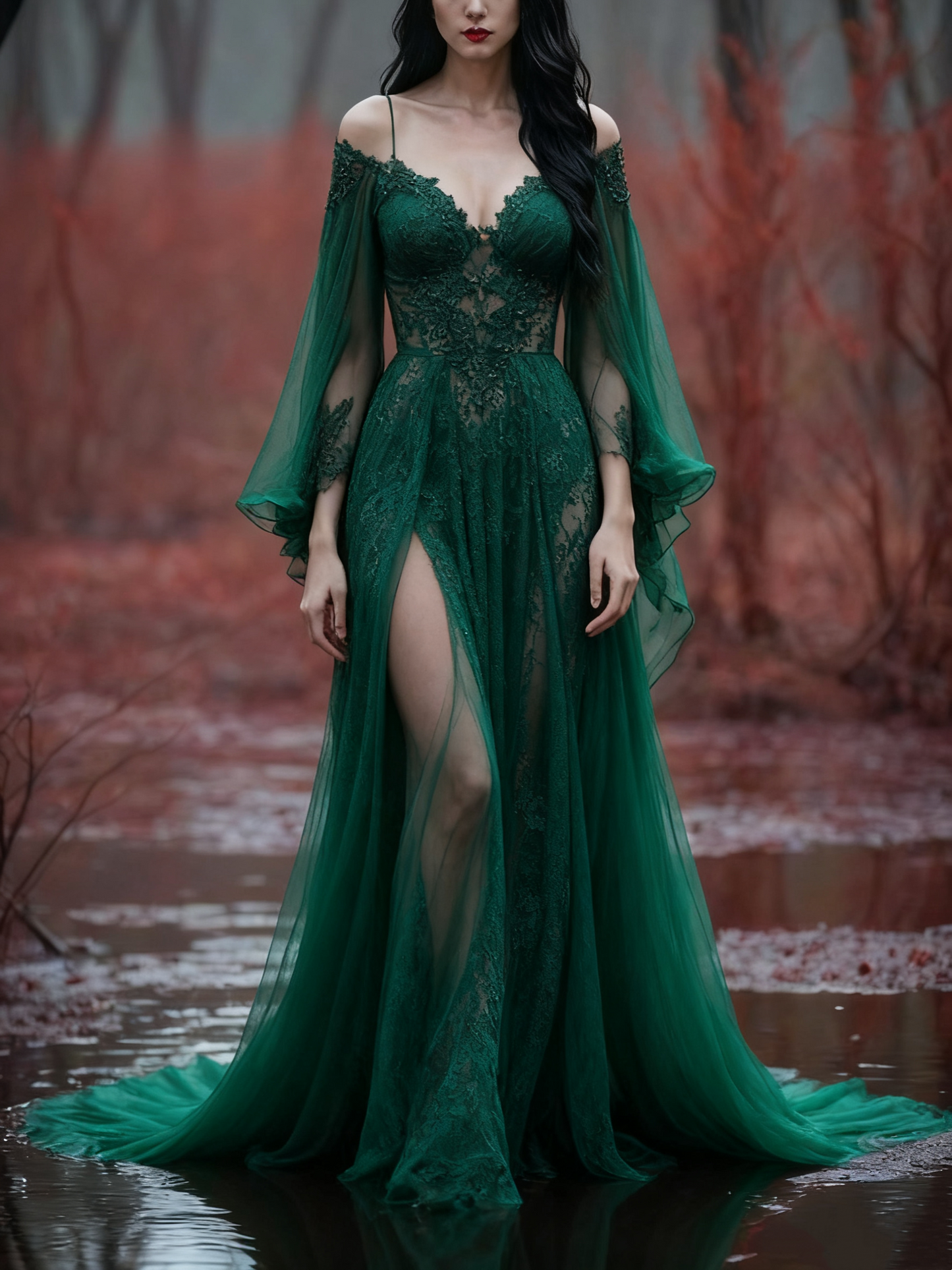 girlhomeshops-Langarm Tüll Bodenlang Schleppe Retro Elegant Ballkleid Abendkleid gh5943