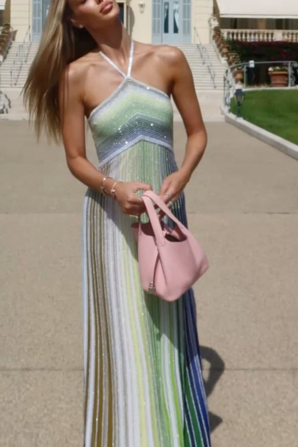 girlhomeshops – Grünes, glitzerndes Neckholder-Kleid im Urlaubsstil, gh5589