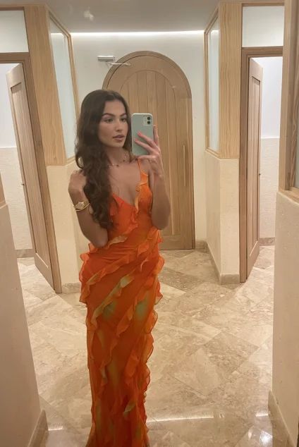 Orange Fashion Elegant Spaghetti Strap Long Ruffle Chiffon Ball Gown Evening Dress Party Dress Wedding Guest Dress gh3318