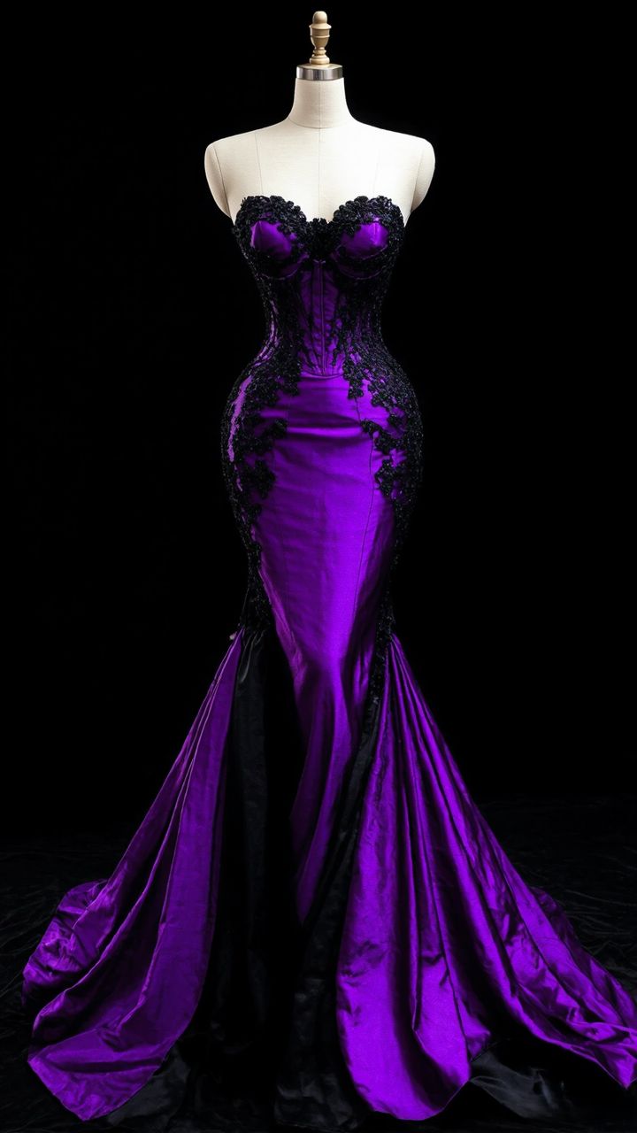 Girlhomeshops-Purple Lace Appliques Long Mermaid Bodycon Maxi Satin Ball Gown Evening Gown Party Dress gh5153