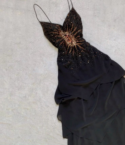 Black vintage fashion beaded spaghetti strap long chiffon formal prom dress, evening dress, party dress gh3502