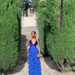 Blue v-neck low-cut hem ruffled slim long chiffon ball gown evening dress party dress gh3037