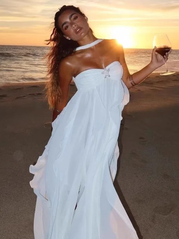 White pure color youthful elegant sweet long chiffon ruffle irregular skirt seaside beach holiday party dress evening dress prom dress gh3538