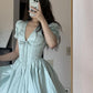 Girlhomeshops-Blue Sweet Fashion V-Neck Short Satin Homecoming Dress Birthday Party Dress gh5249