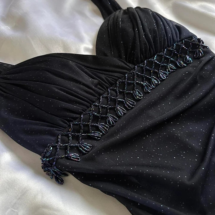 Dark blue shiny elegant exquisite beaded long chiffon prom dress, evening dress, party dress, graduation dress gh3506