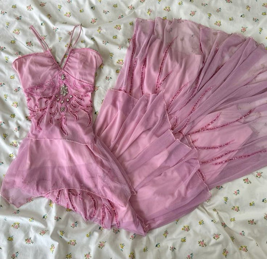 Girlhomeshops - Robe de soirée longue en mousseline de soie, rose, scintillante, sans bretelles, avec perles, gh5135