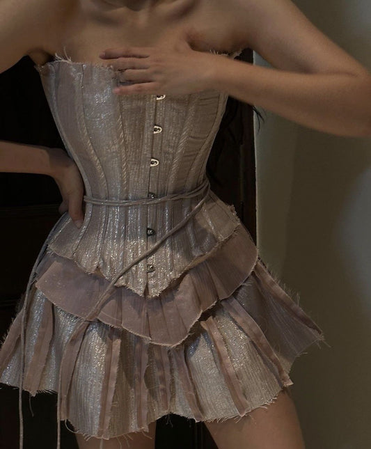 Girlhomeshops - Robe de soirée courte en satin rose clair à paillettes style corset vintage gh5338