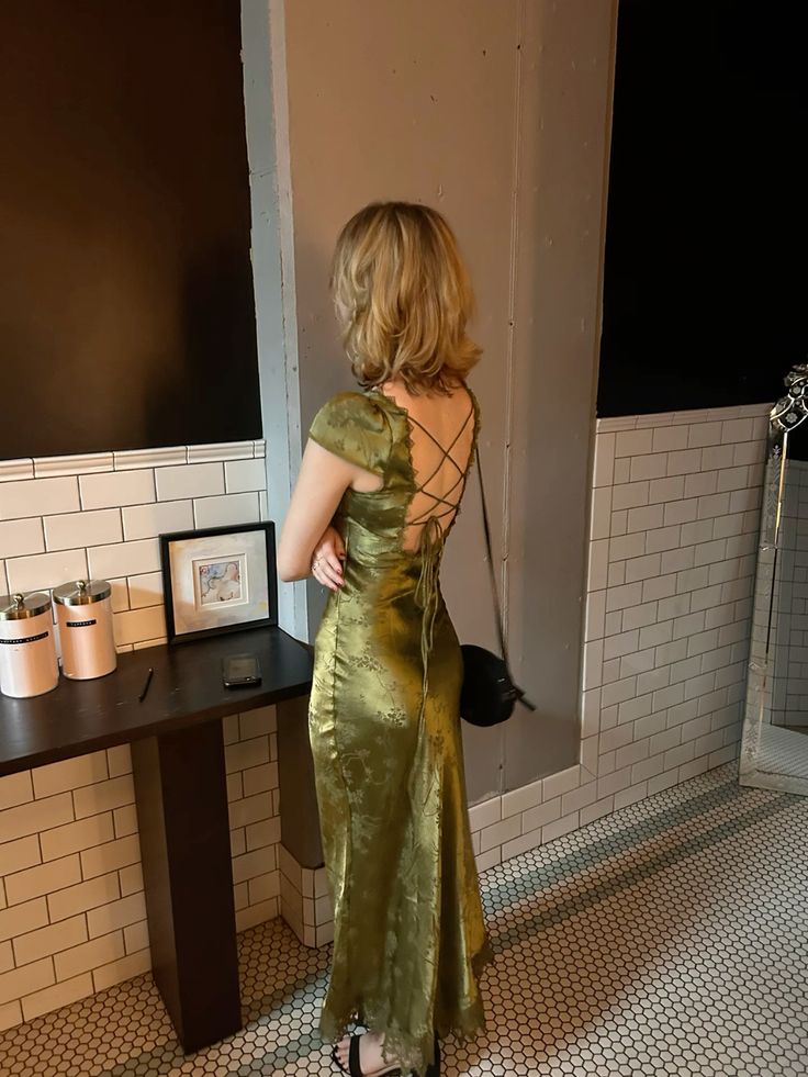 Girlhomeshops-Green open back elegant dress, French country style dress, wedding guest dress, prom dress, birthday dress, evening dress, party dress gh5157