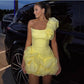 Girlhomeshops-Yellow one-shoulder fashion sweet bud skirt short chiffon homecoming dress birthday dress gh5269