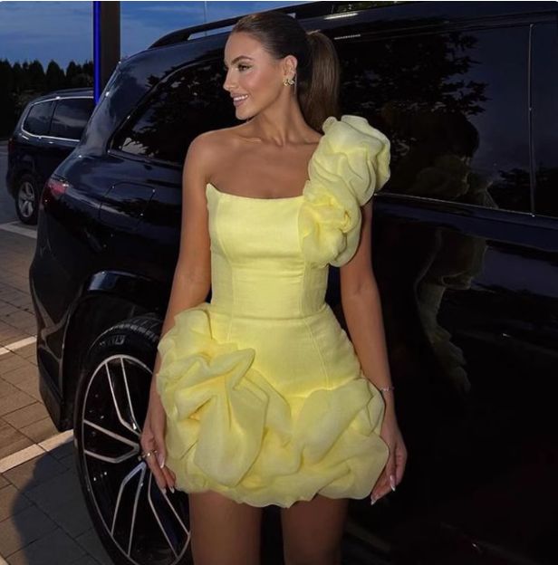 Girlhomeshops-Yellow one-shoulder fashion sweet bud skirt short chiffon homecoming dress birthday dress gh5269