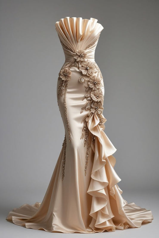 Girlhomeshops-Vintage Floral Beaded Long Satin Prom dress Evening Gown Wedding Dress gh5146