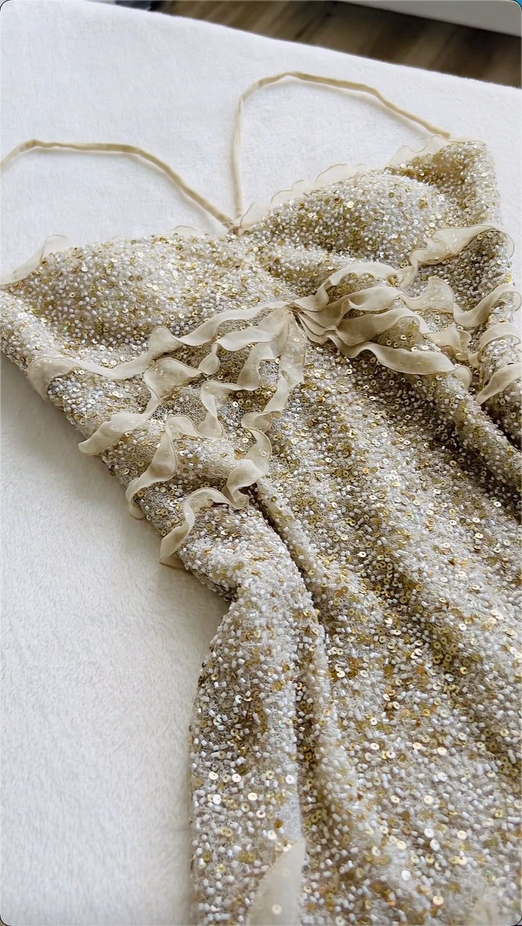 Robe de soirée luxueuse, blanche ivoire, brillante, magnifique, mode exquise, perles, longue, longueur cheville, paillettes, mousseline de soie, à volants, robe de bal, robe de soirée, robe de bal gh3776